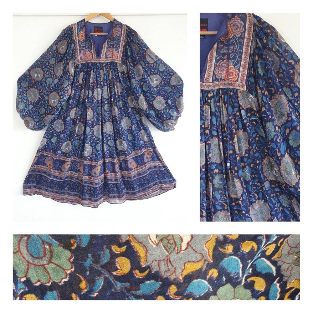 1970s Balloon Sleeve Hand Blocked Indian Silk Ritu Kumar for Judith Ann Gown